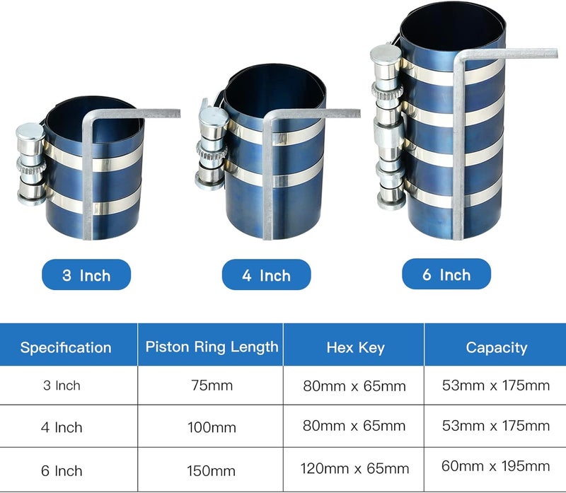Worldity 8Pcs 3" 4" 6" Piston Ring Compressor, Car Engine Piston Ring Compressor Tool with Pliers, Hex key and Stainless Steel Feeler Gauge, Piston Ring Installation Tool for Car Engine - Image 2